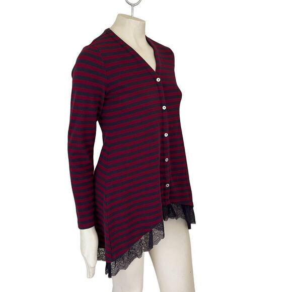 LOGO LORI GOLDSTEIN Button Front Striped Lace Trim Thermal Tunic Shirt SZ S - Picture 1 of 11